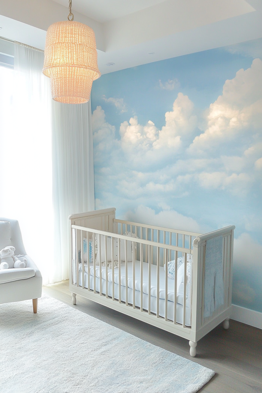 Baby room mural. Pastel blue sky with white fluffy clouds.