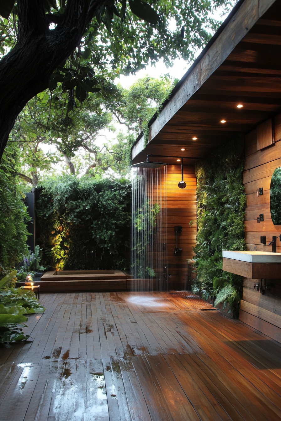 Outdoor bathroom. Teak flooring, living privacy wall, rainfall shower under pergola. Lux-oriented.