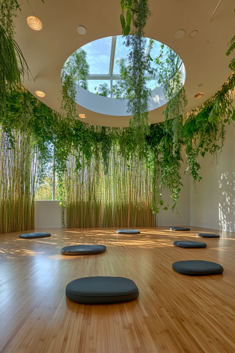 Yoga space. Bamboo flooring, hanging plant wall under round skylight, meditation zone.