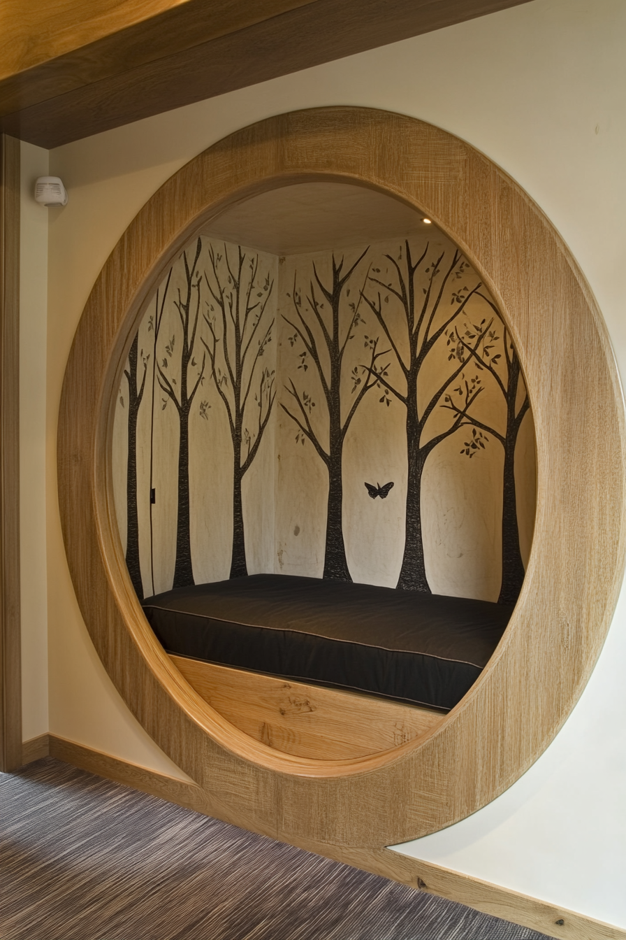 Compact meditation space. Childlike drawing on door of circular closet featuring interpretive trees.