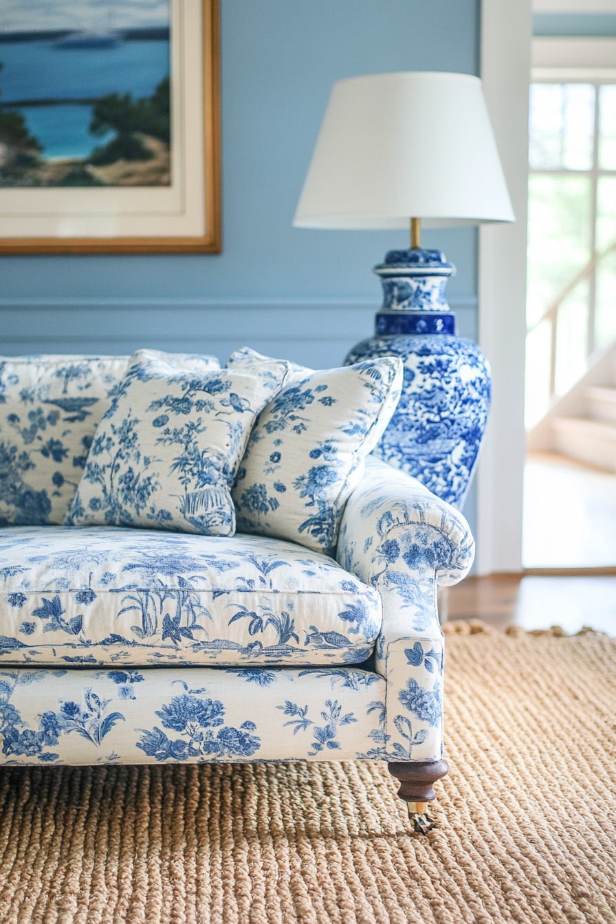 Coastal living space. Vintage floral loveseat, blue chinoiserie vase, beige woven rug.