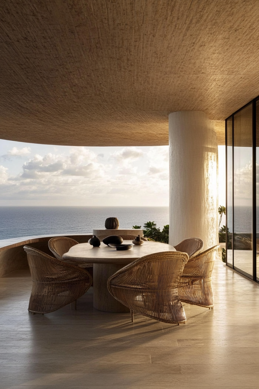 Dining room. Bleached brunette floors, curved rattan chairs, floor-to-ceiling ocean view.