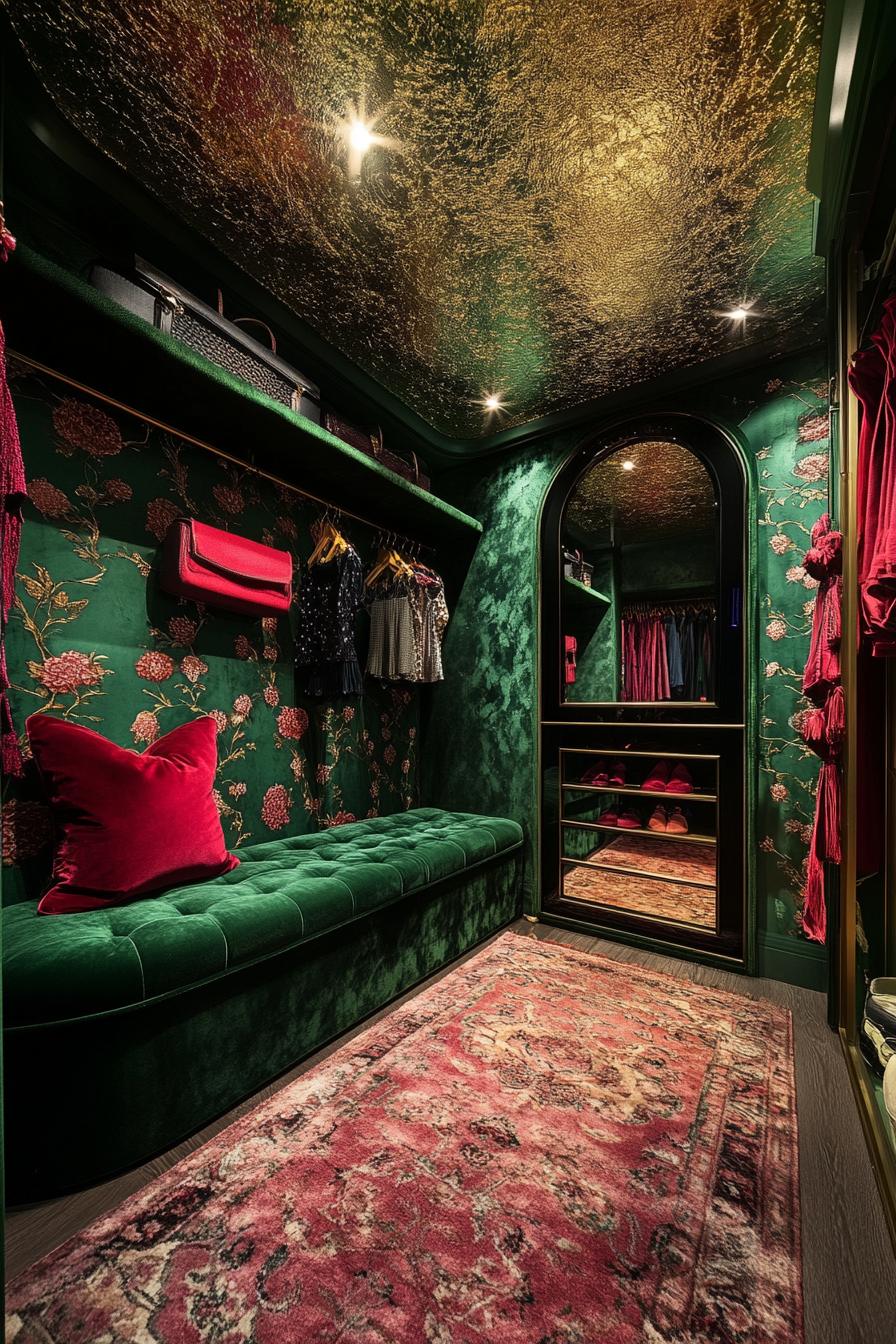 Walk-in closet. Emerald green velvet walls, ruby scatter cushions, gold textured wallpaper ceiling, digital intelligent mirror.