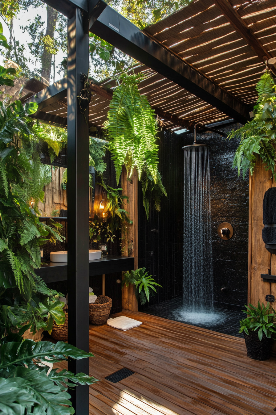 Outdoor bathroom. Teak flooring, rainfall shower, black pergola, fern privacy wall.