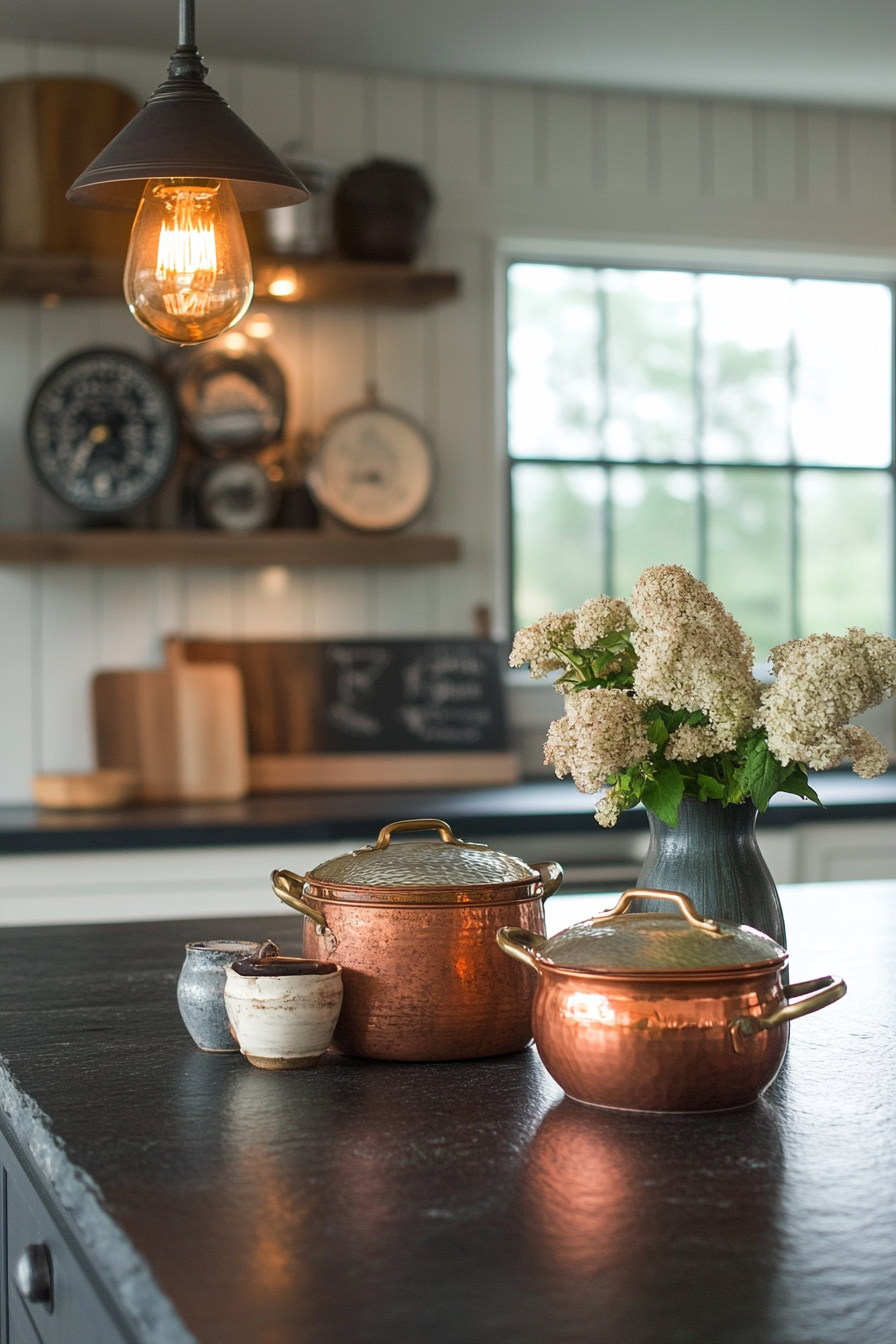 Welcoming kitchen. Soapstone countertops with copper pots and vintage scale under industrial lights.