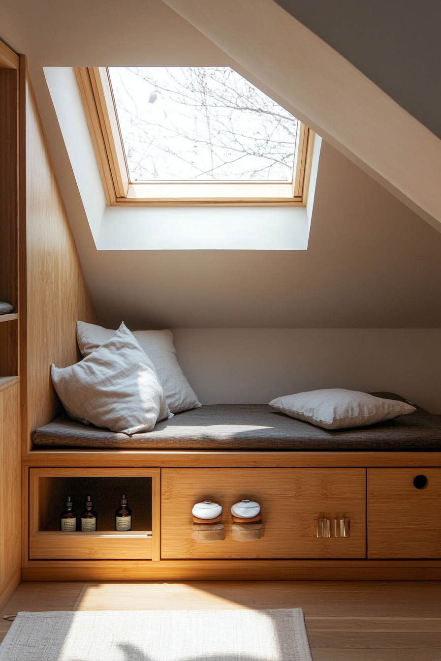 Compact meditation space. Built-in bamboo bench beneath skylight with floor cushion storage and essential oil station.