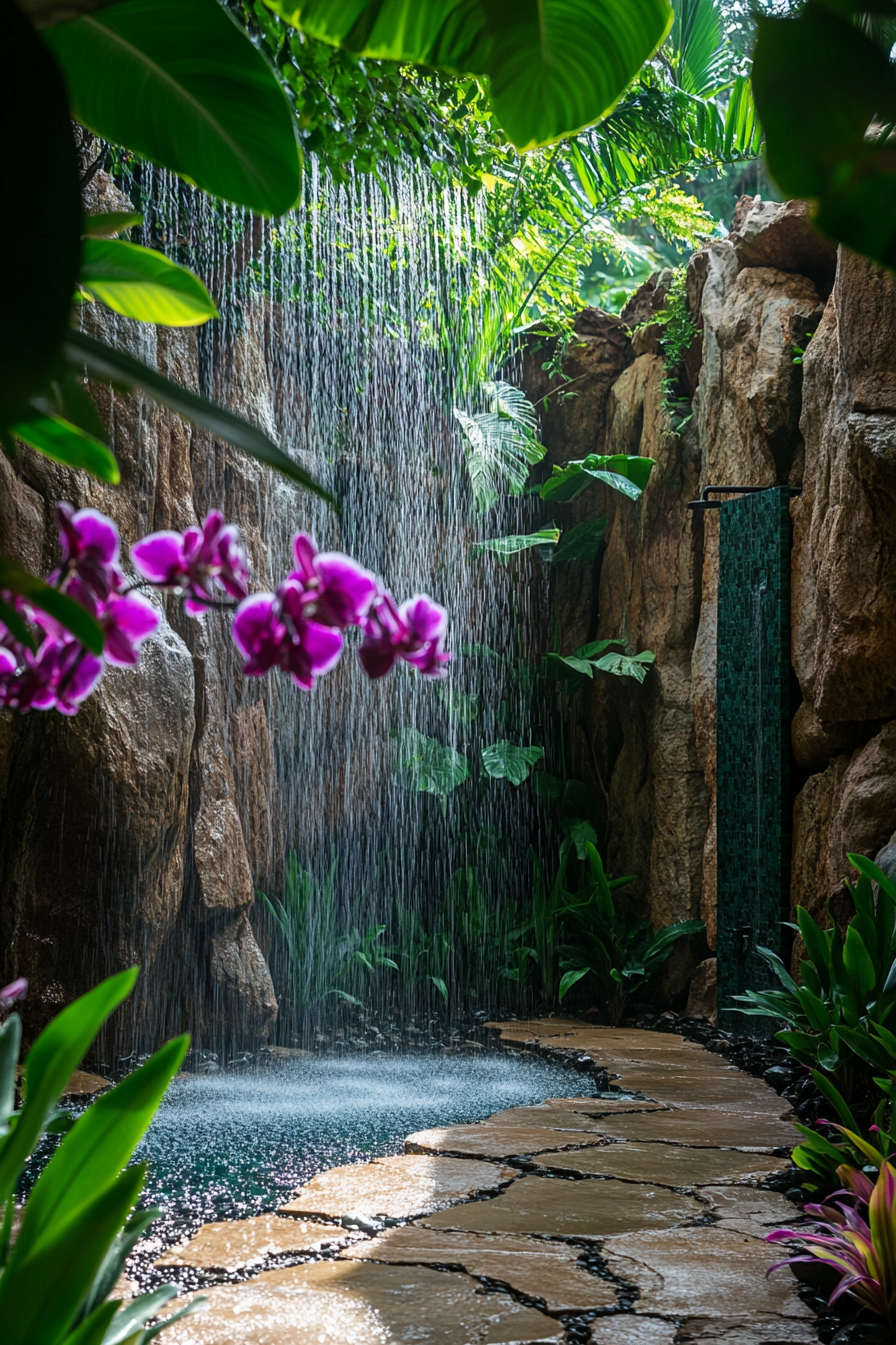 Outdoor shower. Natural rock formation with turquoise cascading heads, surrounded by tropical orchids.