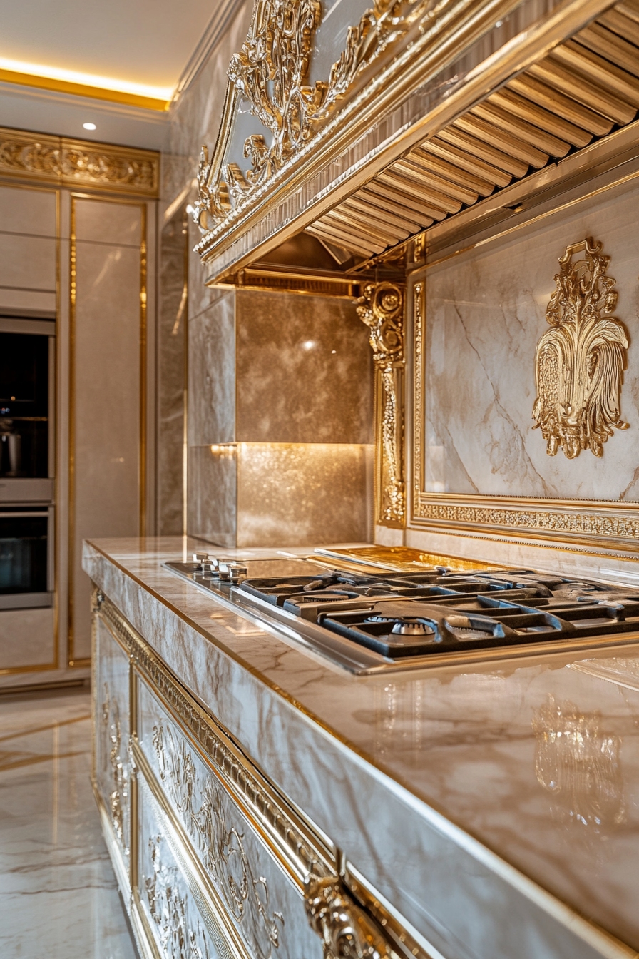 Premium Kitchen Design. Gold leaf accents with Italian marble countertops.