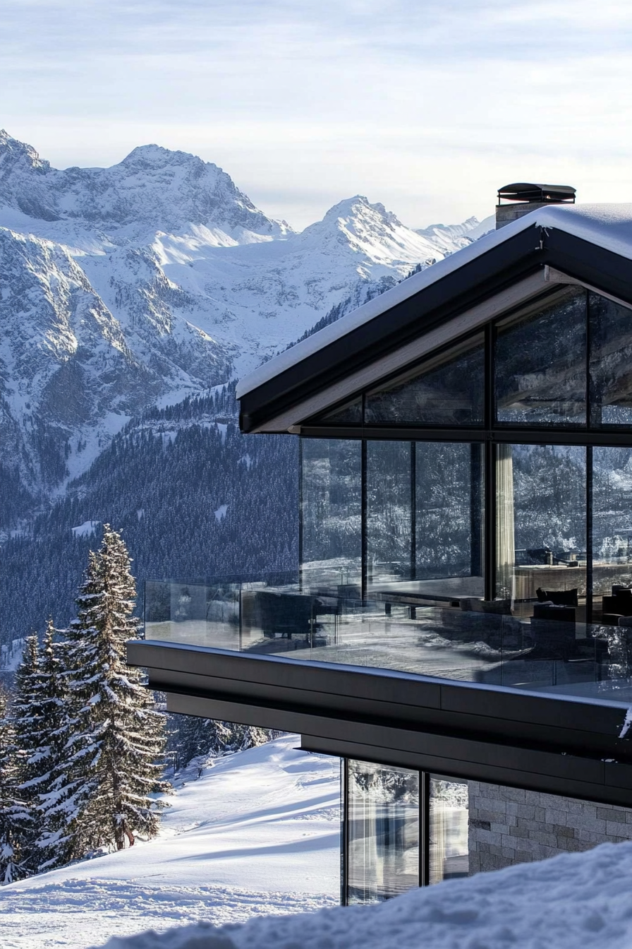 Contemporary alpine living. Glass-walled chalet overlooking snowy mountains.