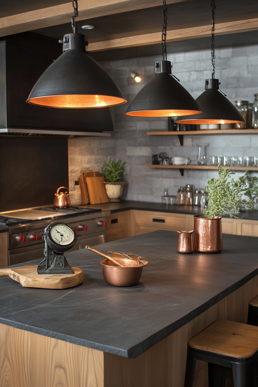 Kitchen. Soapstone countertops with vintage scale and copper vessels under industrial pendants.