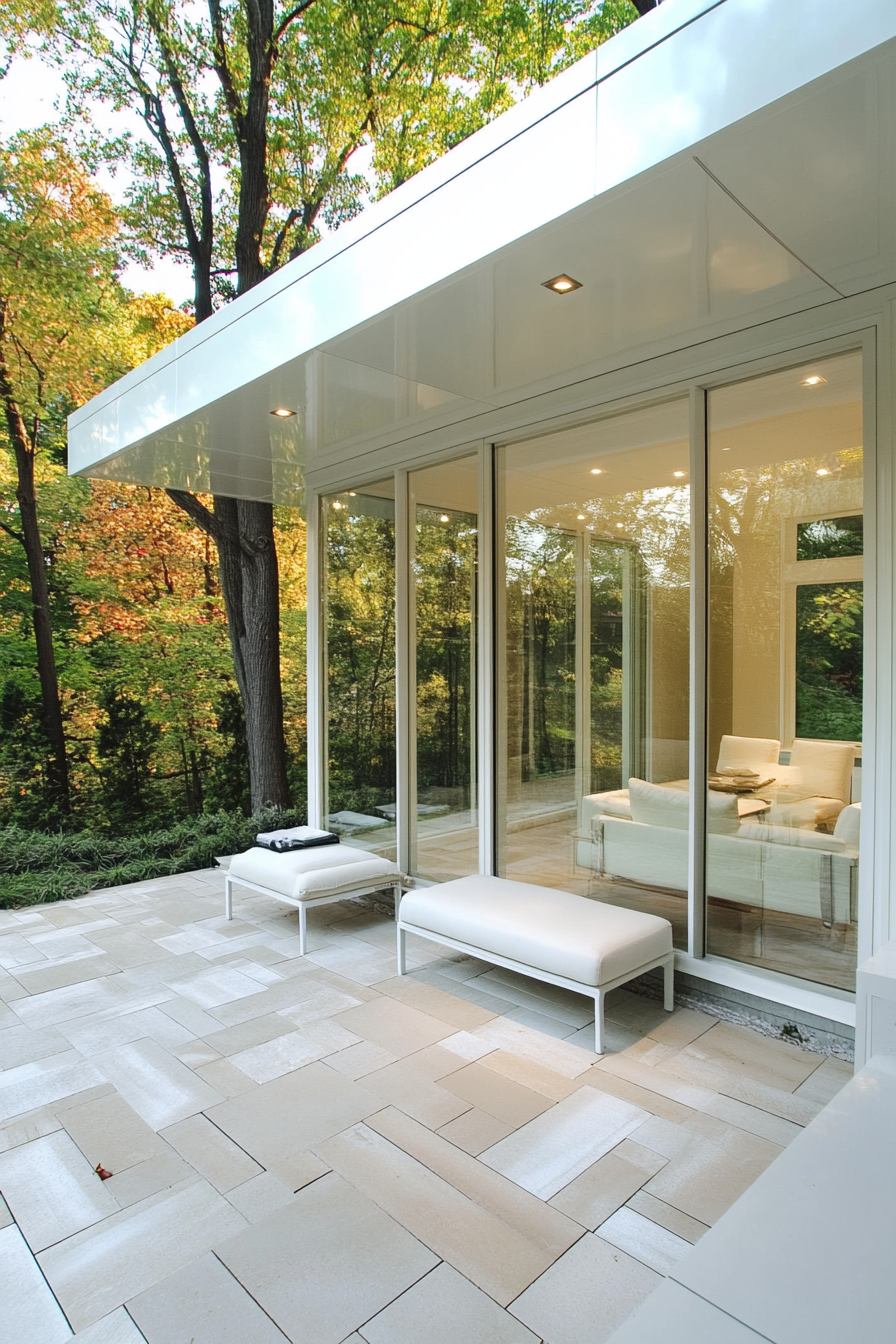 Modern enclosed porch. Glass walls and white minimalist furniture.