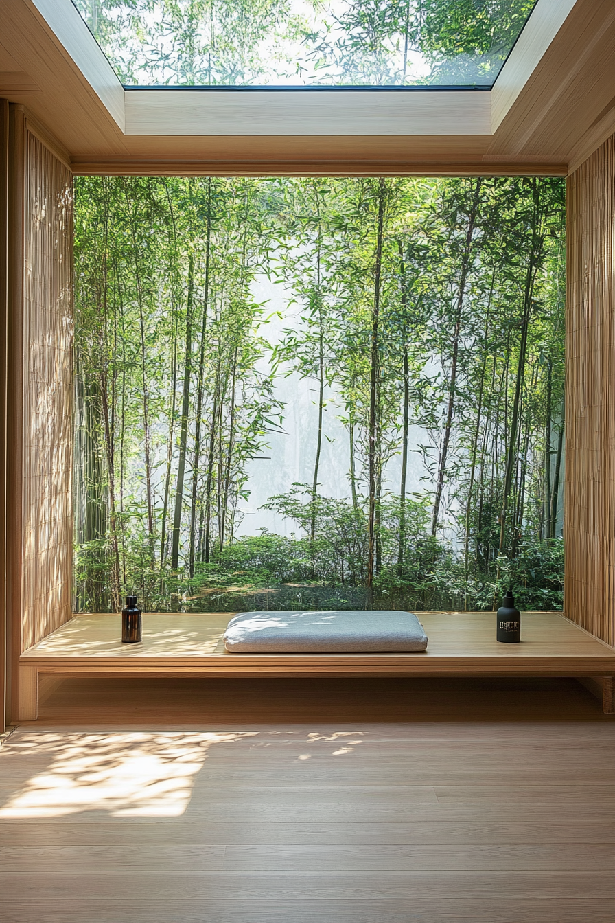 Meditation space. Bamboo bench under a skylight with hidden floor cushion storage and oil diffuser.