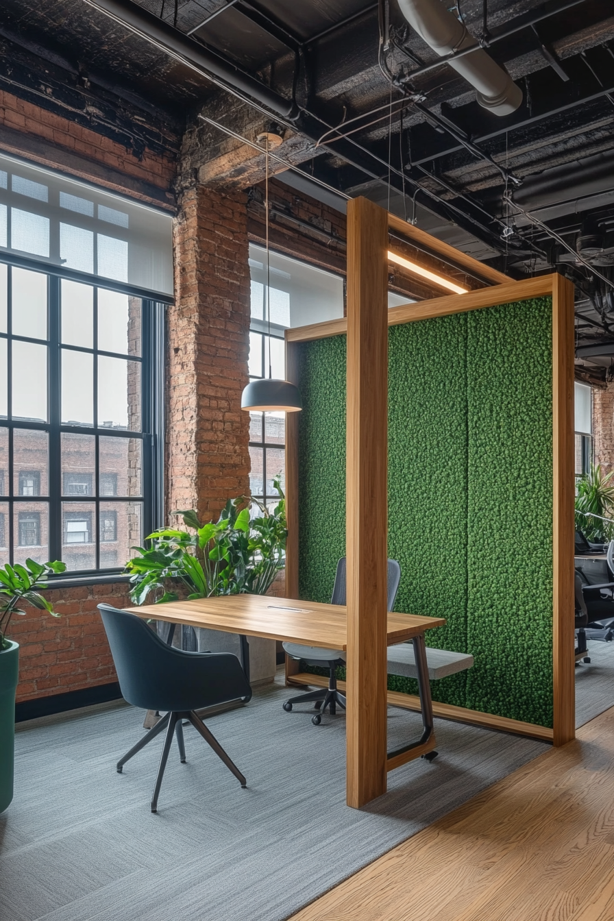 Remote workspace. Oak modular desk, green woven wall divider, convertible meeting nook beneath industrial-length windows.