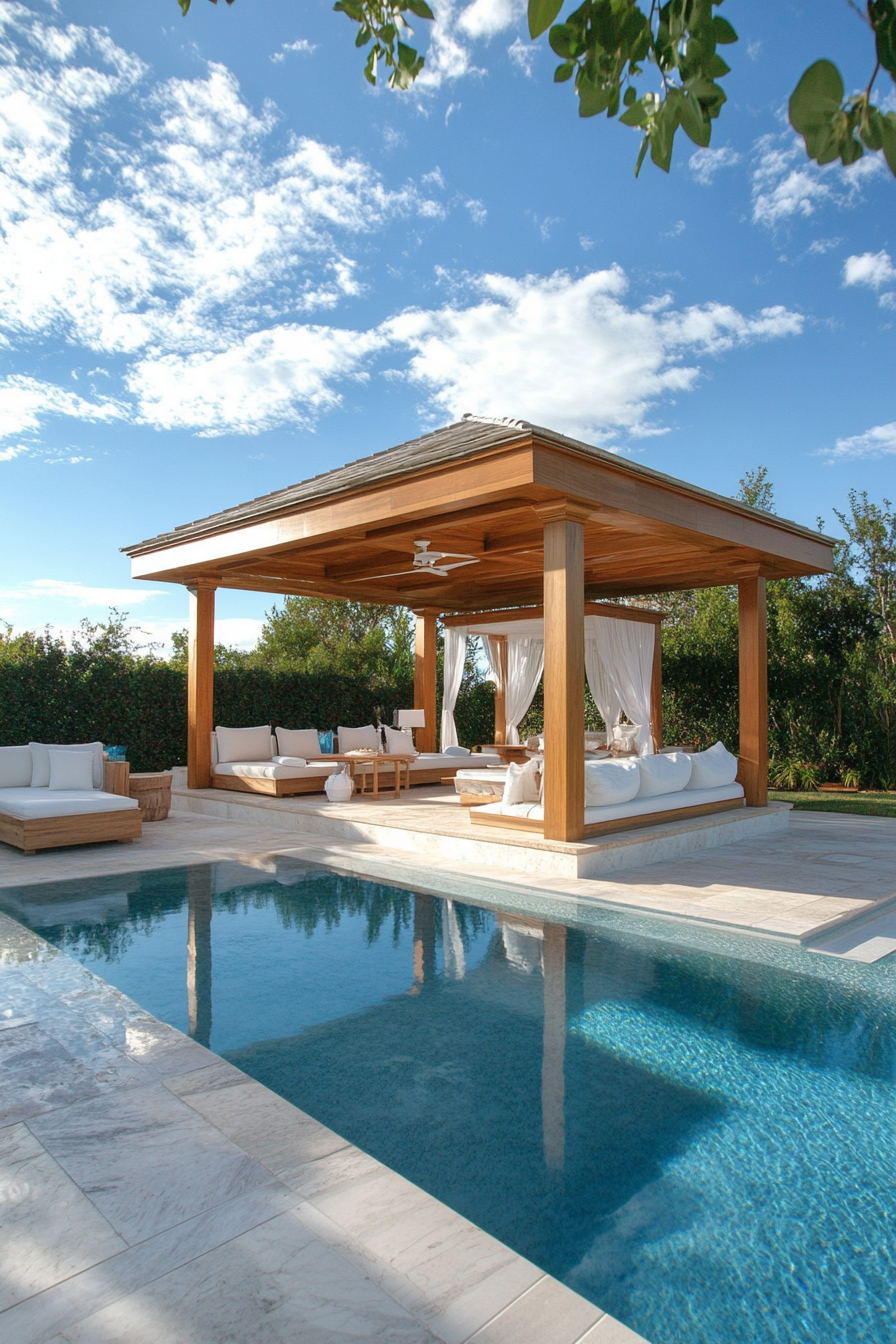 Pool house. Ivory marble floors, open sky shower, teak changing cabana, poolside cabana lounging area.