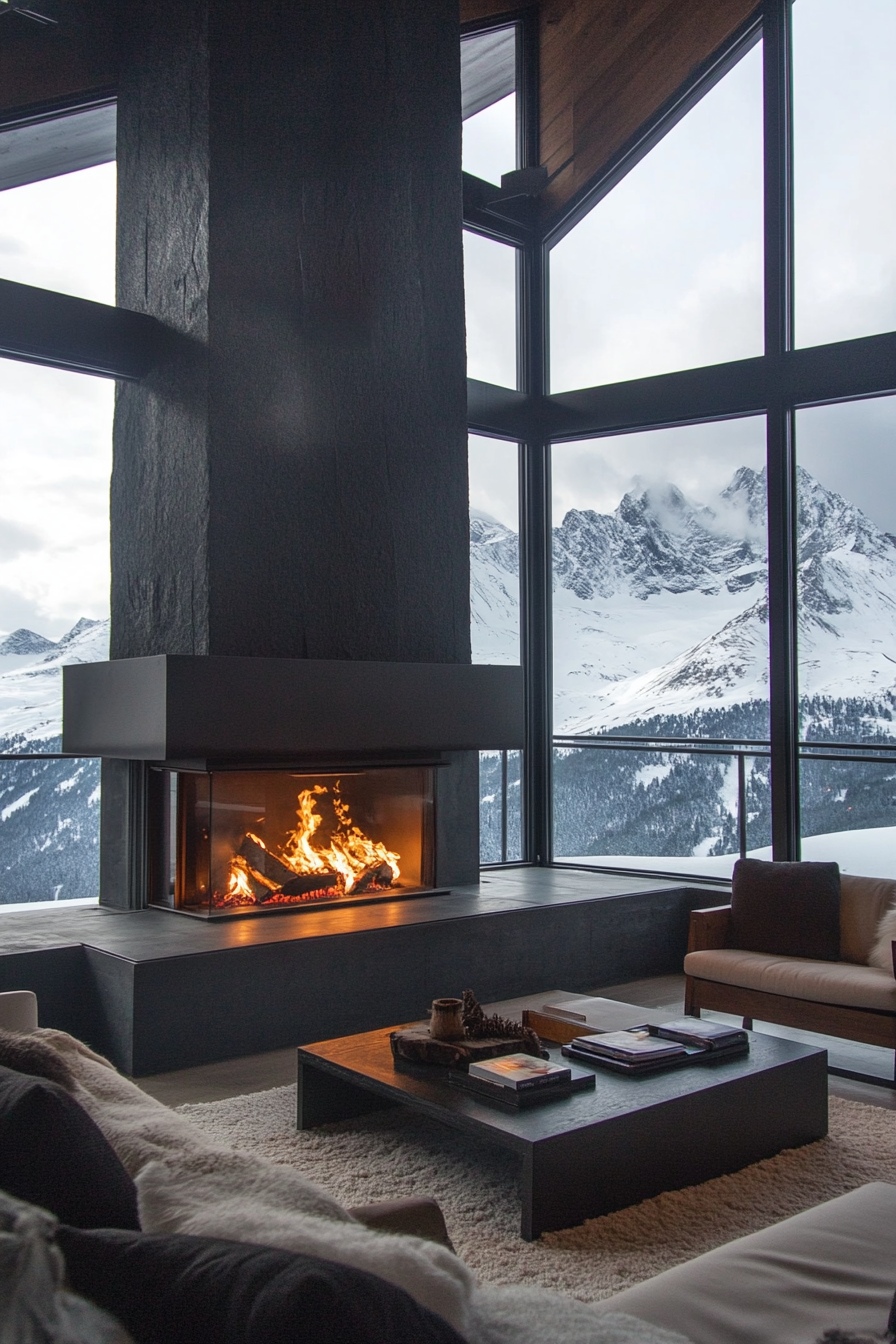 Contemporary alpine living. Sleek fireplace with panoramic snowy mountain views.