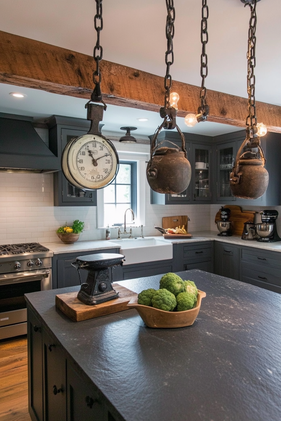 Welcoming kitchen. Soapstone countertop with vintage scale display under industrial pendants.