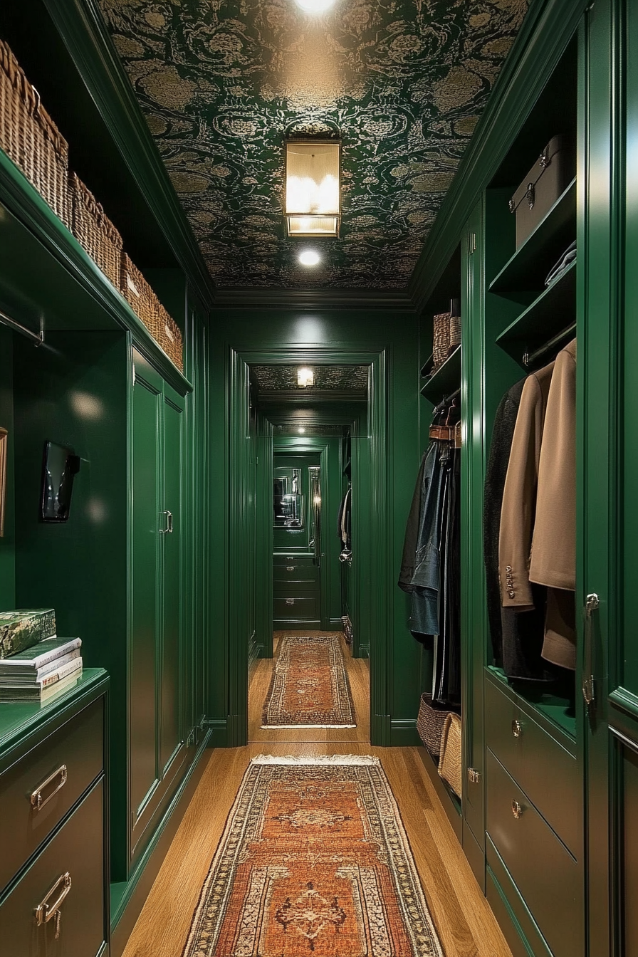 Walk-in closet. Emerald green walls, damask wallpapered ceiling and smart mirror incorporated.