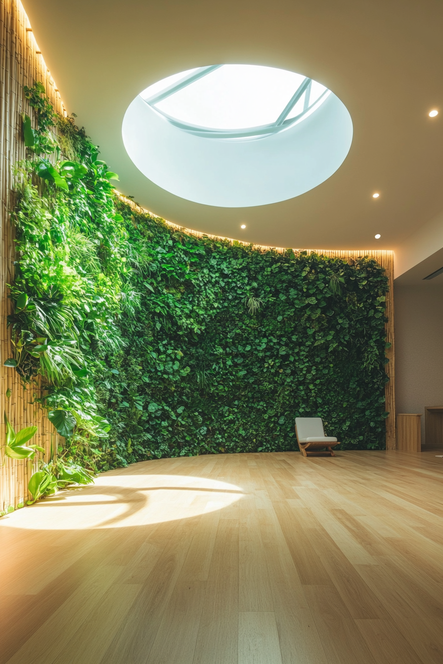 Yoga space. Bamboo floor, mediation corner, circular skylight illuminating green, leafy living wall.