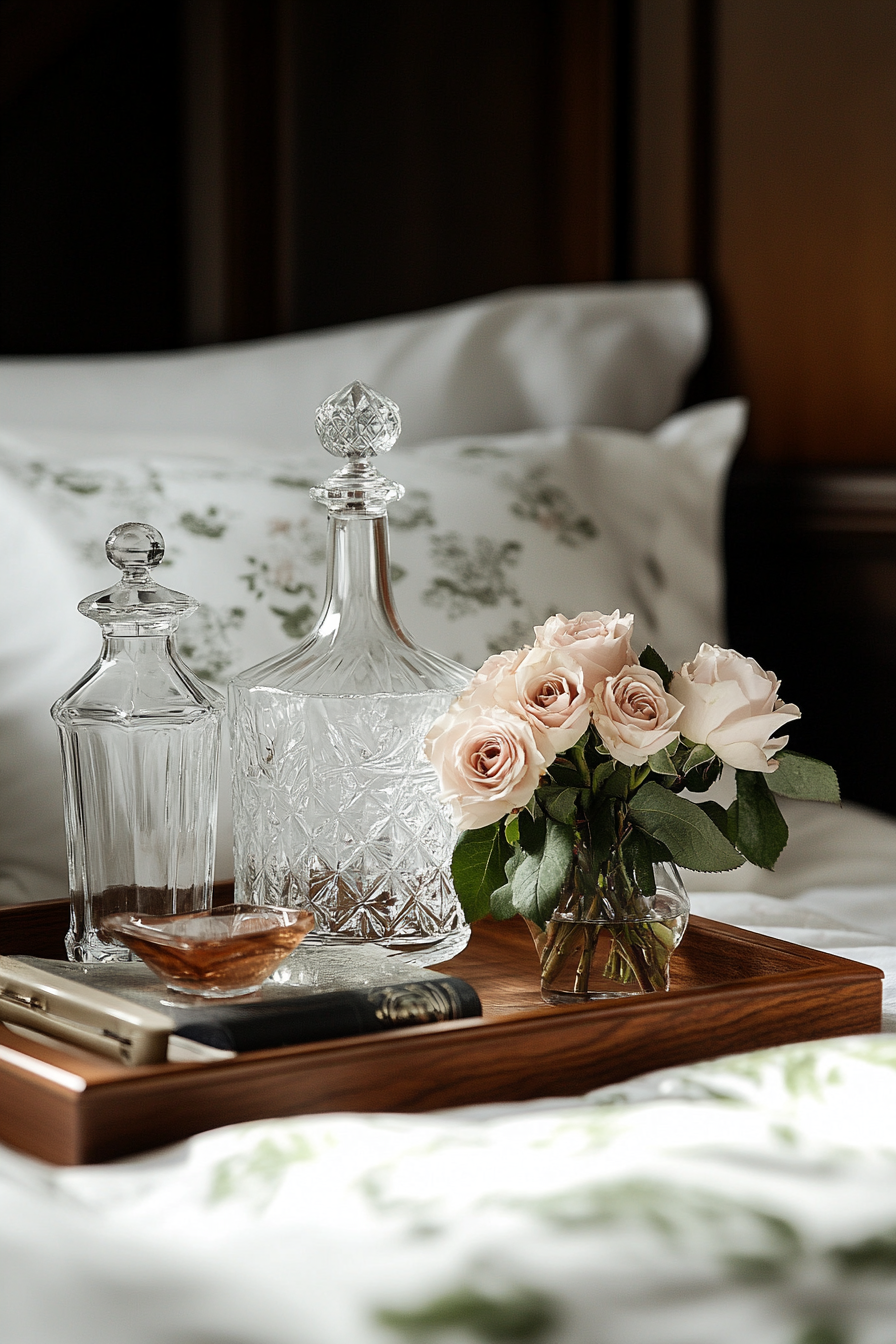 Bedside setup. Cherry wood tray, crystal decanter set, roses in a milk glass vase.