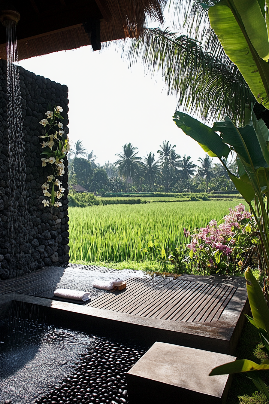 Outdoor shower. Black lava stone walls, teak platform, living orchid wall, rice paddy view.