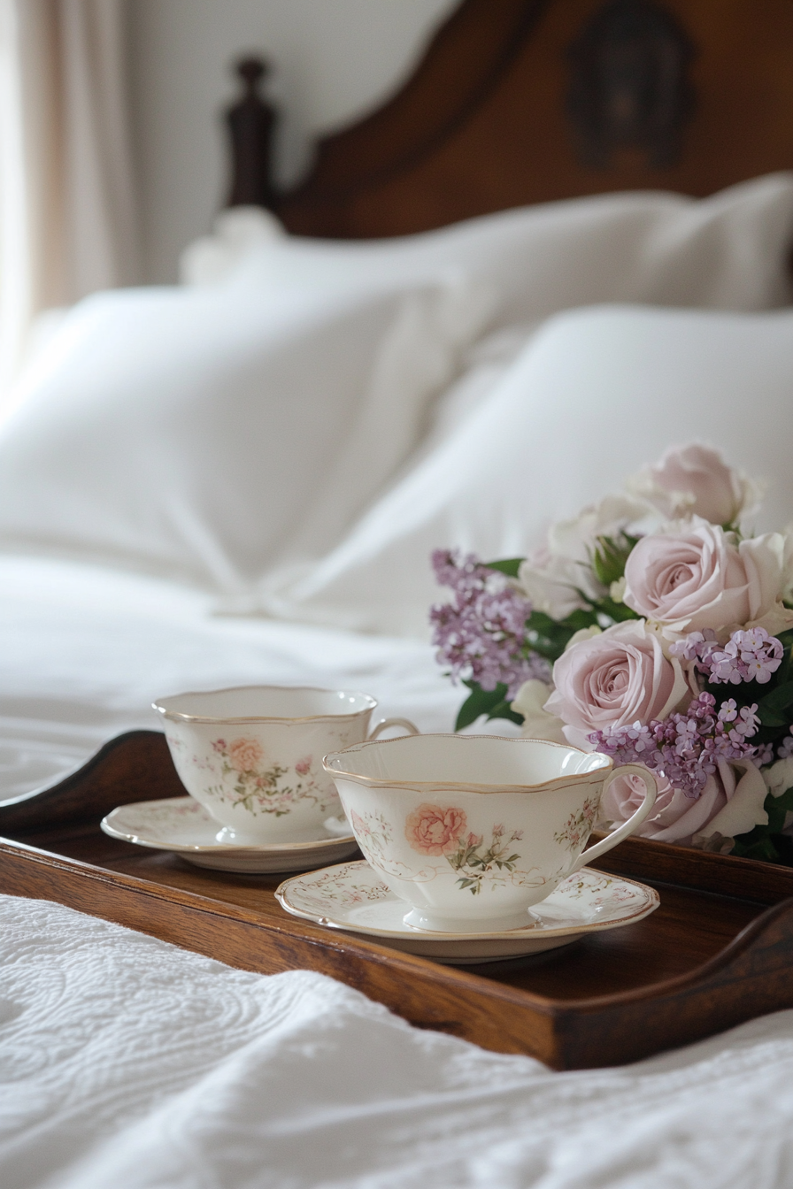 Luxurious bedside setup. Antique wooden tray, ivory bone china teacups, lilac roses bouquet.