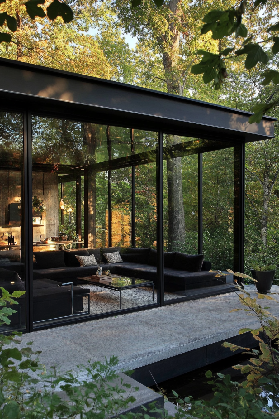 Modern enclosed porch. Glass walls, minimalistic black sofa, metal coffee table.