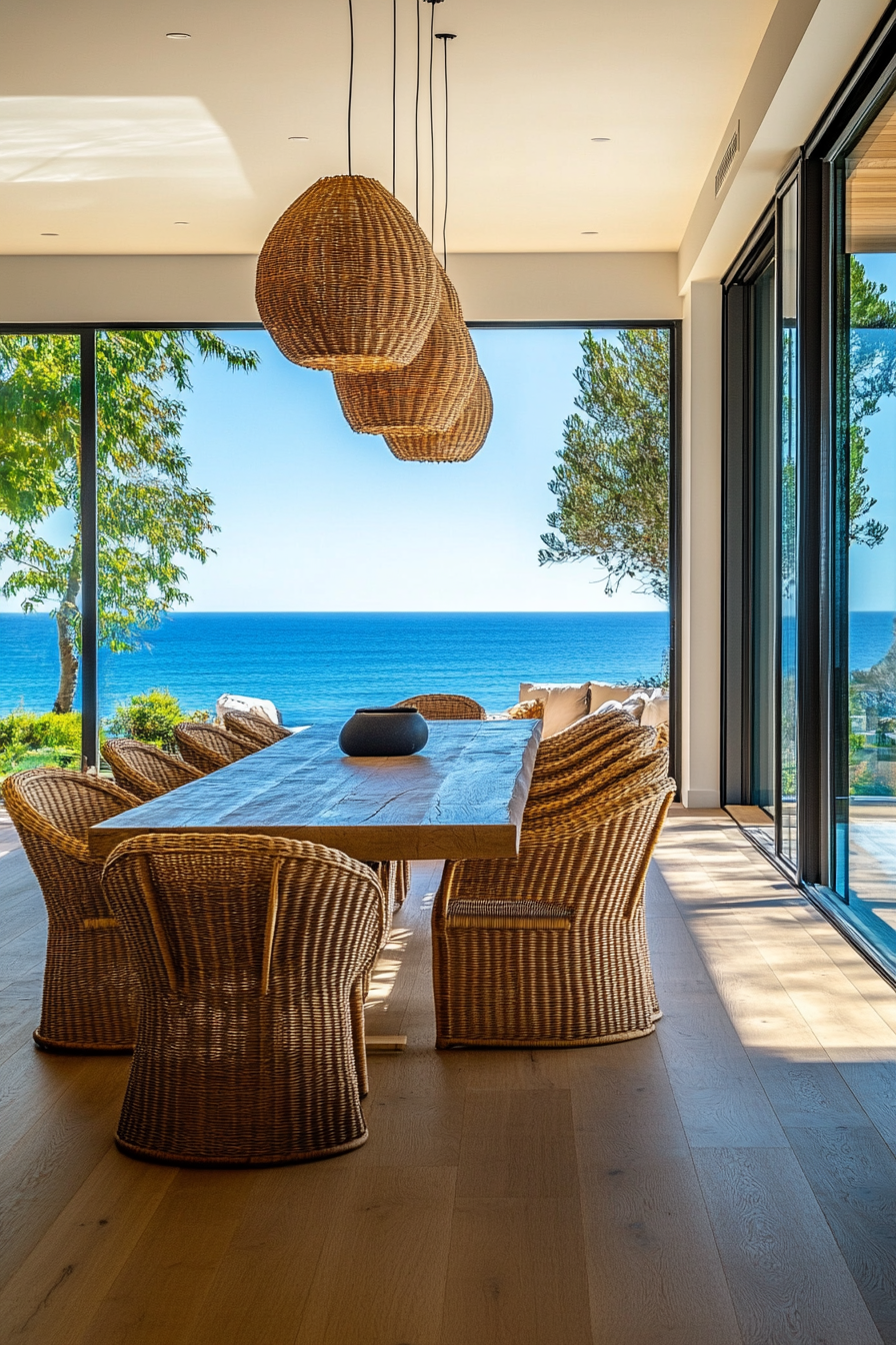 Dining room. Blonde oak floors, rattan scoop chair, panoramic sea outlook.