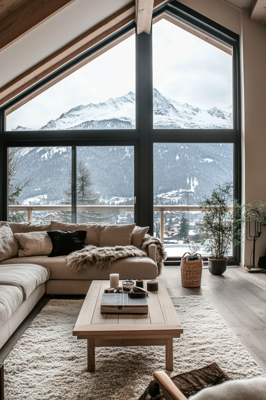 Contemporary Alpine living. Open plan living room with large glass windows showcasing snowy peak views.