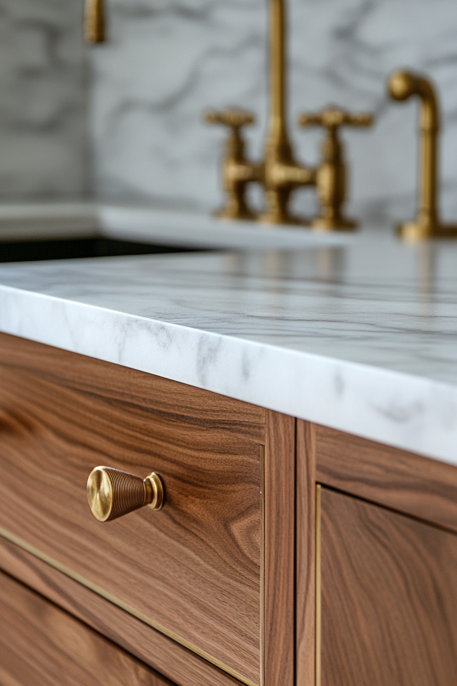 Kitchen design. Marble countertops with walnut cabinetry and brushed gold fixtures.