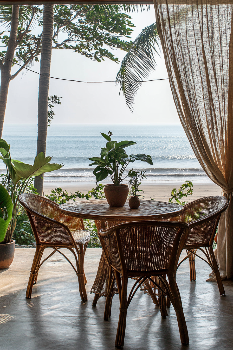 Dining room. Bleached brunette floors, breezy curtains, rattan chair setup with potted plants against ocean backdrop.