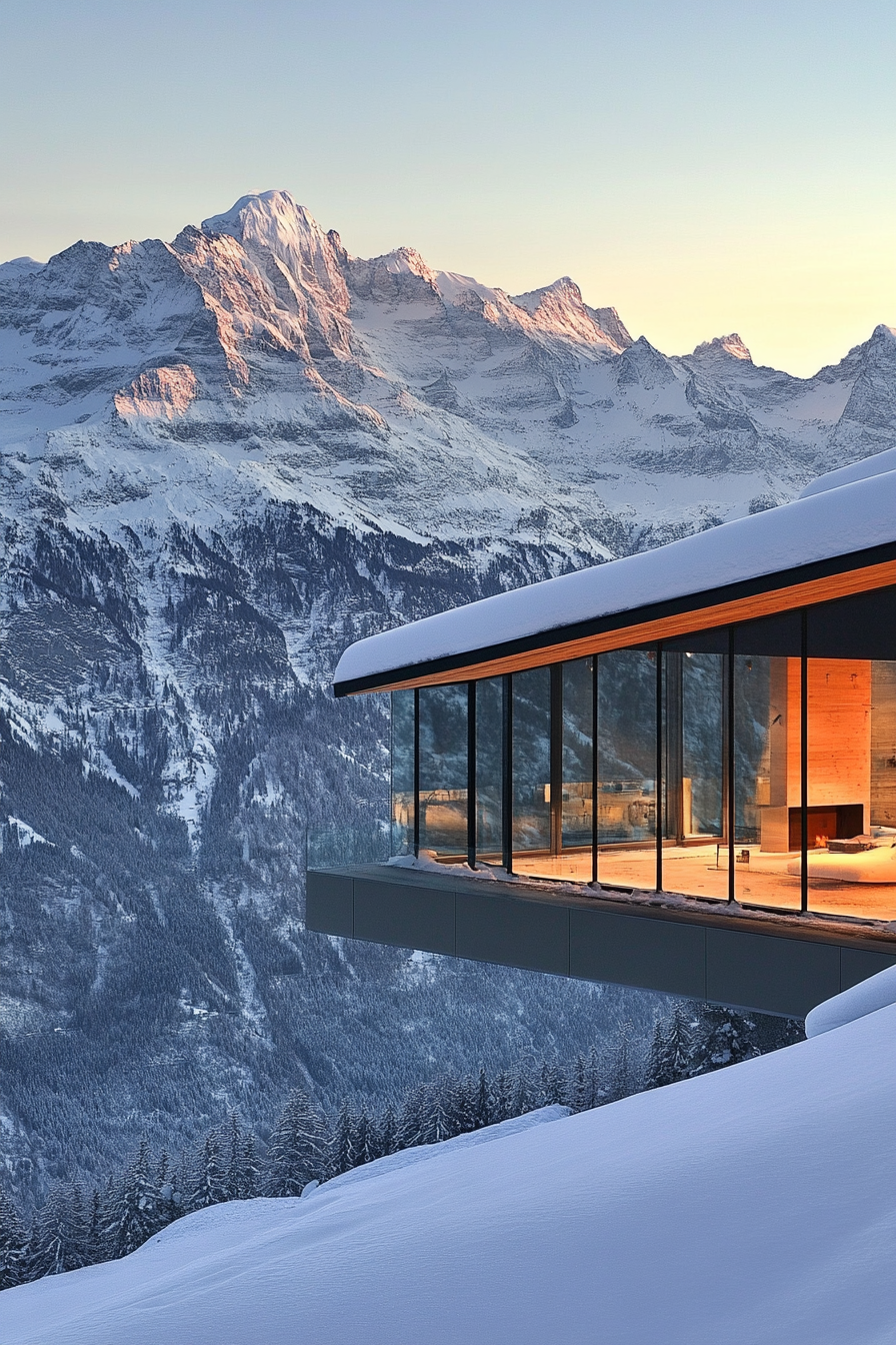 Contemporary Alpine living. Glass-front cabin overlooking snow-capped mountains.