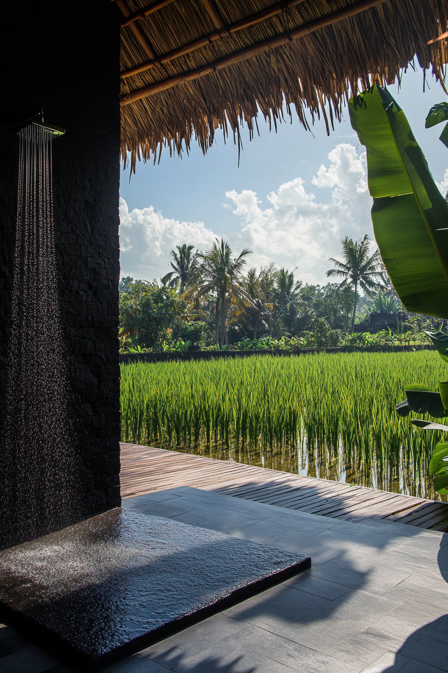 Tropical outdoor shower. Black lava stone walls with grass roof, enclosed teak platform, overlooking a shadowy rice paddy.