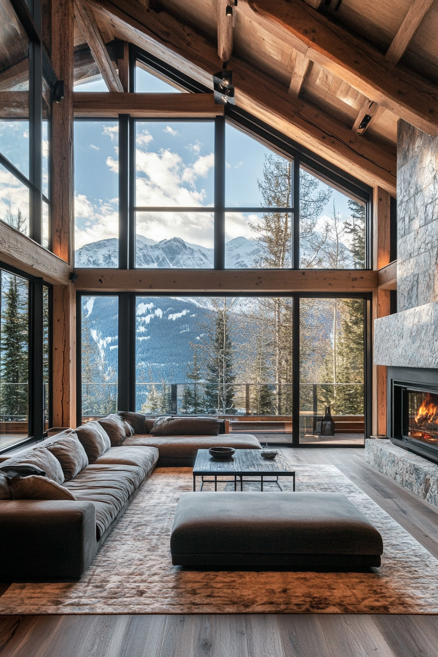 Contemporary Alpine living. Loft-style cabin boasting expansive picture windows.