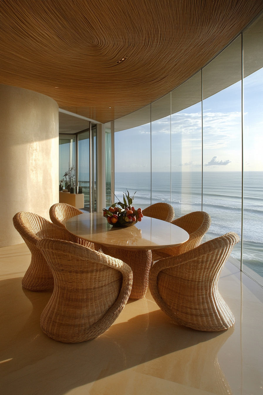 Dining room. Bleached brunette floors, curved rattan chairs, floor-to-ceiling ocean views.