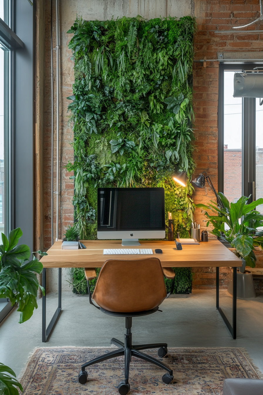 Remote workspace. A maple modular desk with greenicious vertical evergreen wall partition beside transformer meeting alcove underdated lofts windows.