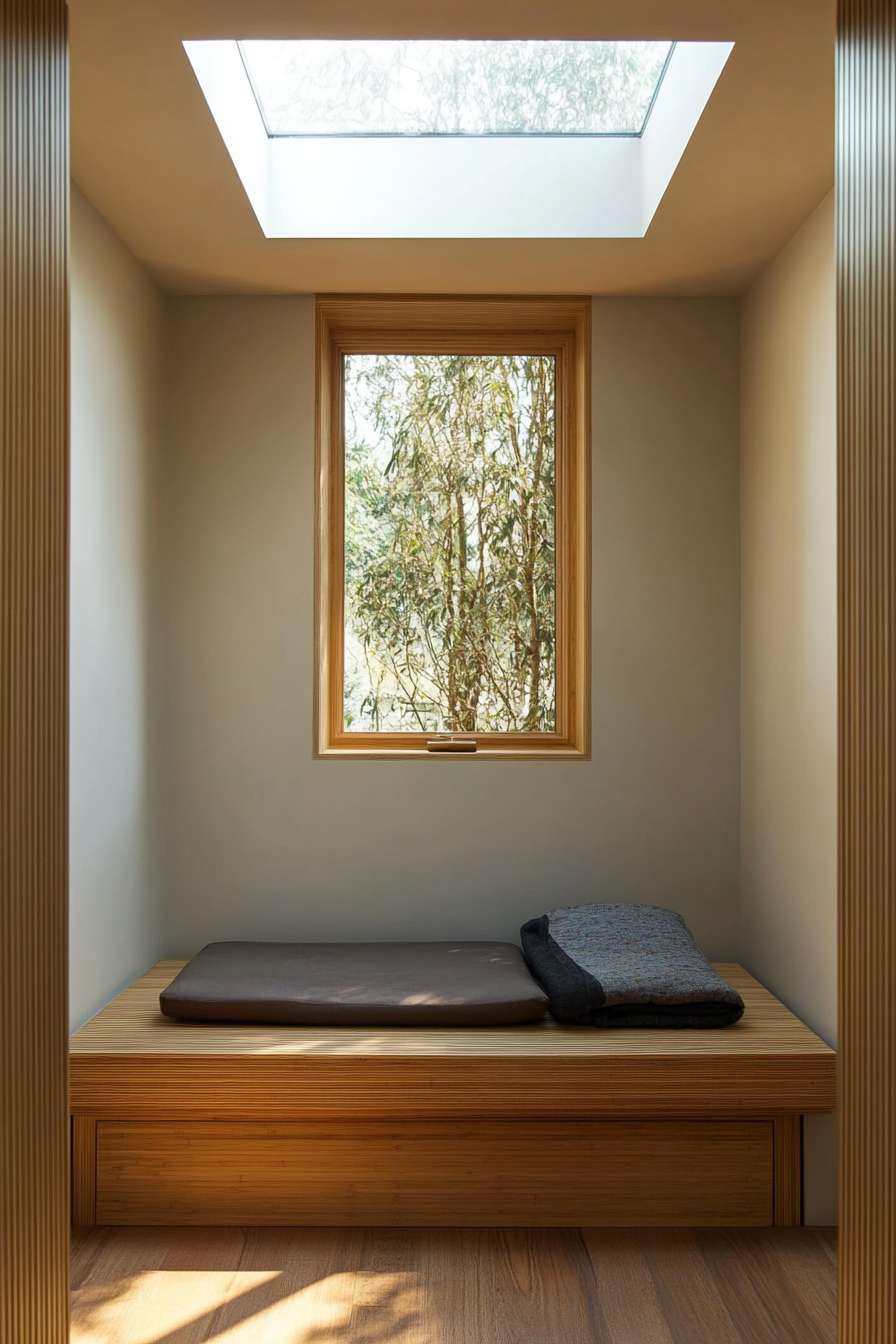 Compact meditation space design. Skylight directly above bamboo bench with integrated floor cushion storage.