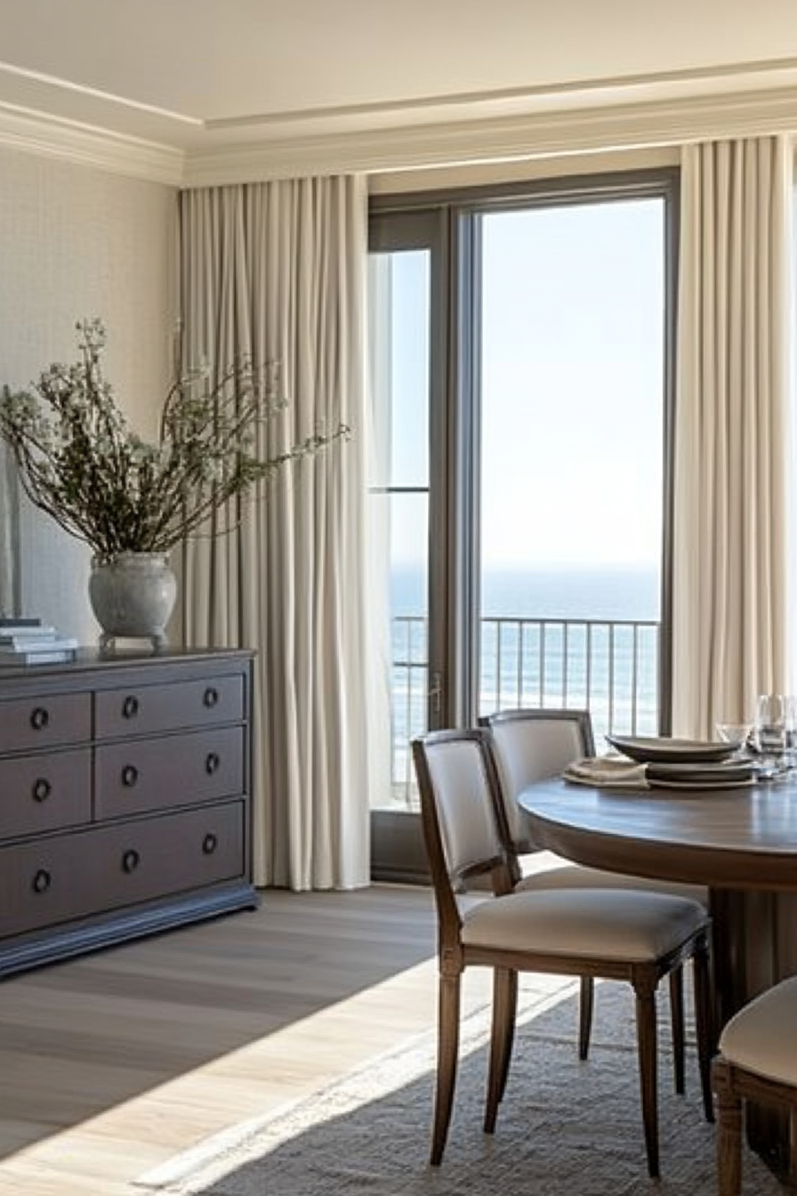 Dining room. Bleached brunette flooring, pale eggplant cherry chest, ocean panorama-framed window.