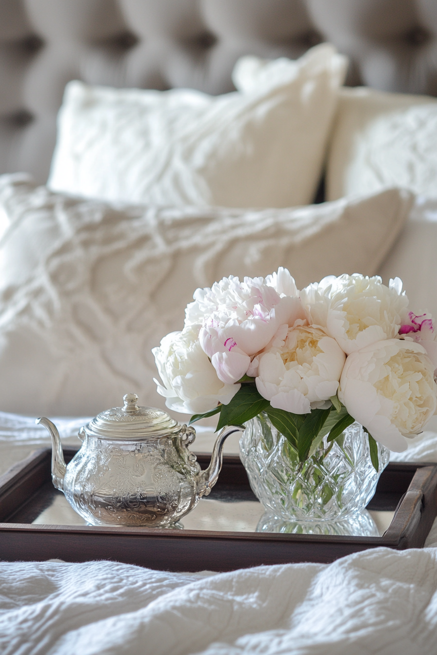 Bedside setup. Mahogany tray, sterling silver teapot, fresh peonies in a crystal vase.