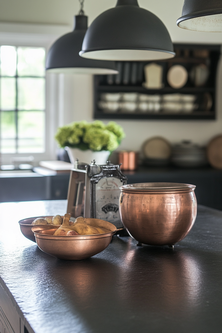 Welcoming kitchen. Soapstone countertops, copper vessels, vintage scale display, industrial pendants.