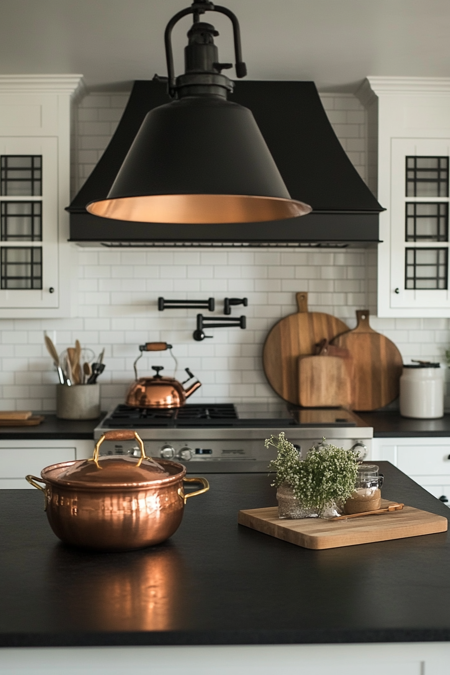 Welcoming kitchen. Soapstone countertop, caged black-canopy industrial pendants, gleaming copper cooking wares, vintage scale display.