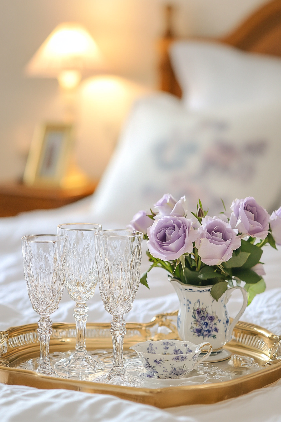 Bedside setup. Vintage gold tray, crystal champagne flutes, lilac roses in a porcelain vase.