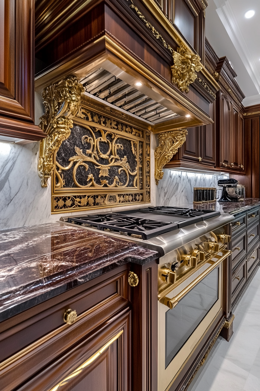 Premium kitchen design. Marble countertops with mahogany cabinets and gold accents.