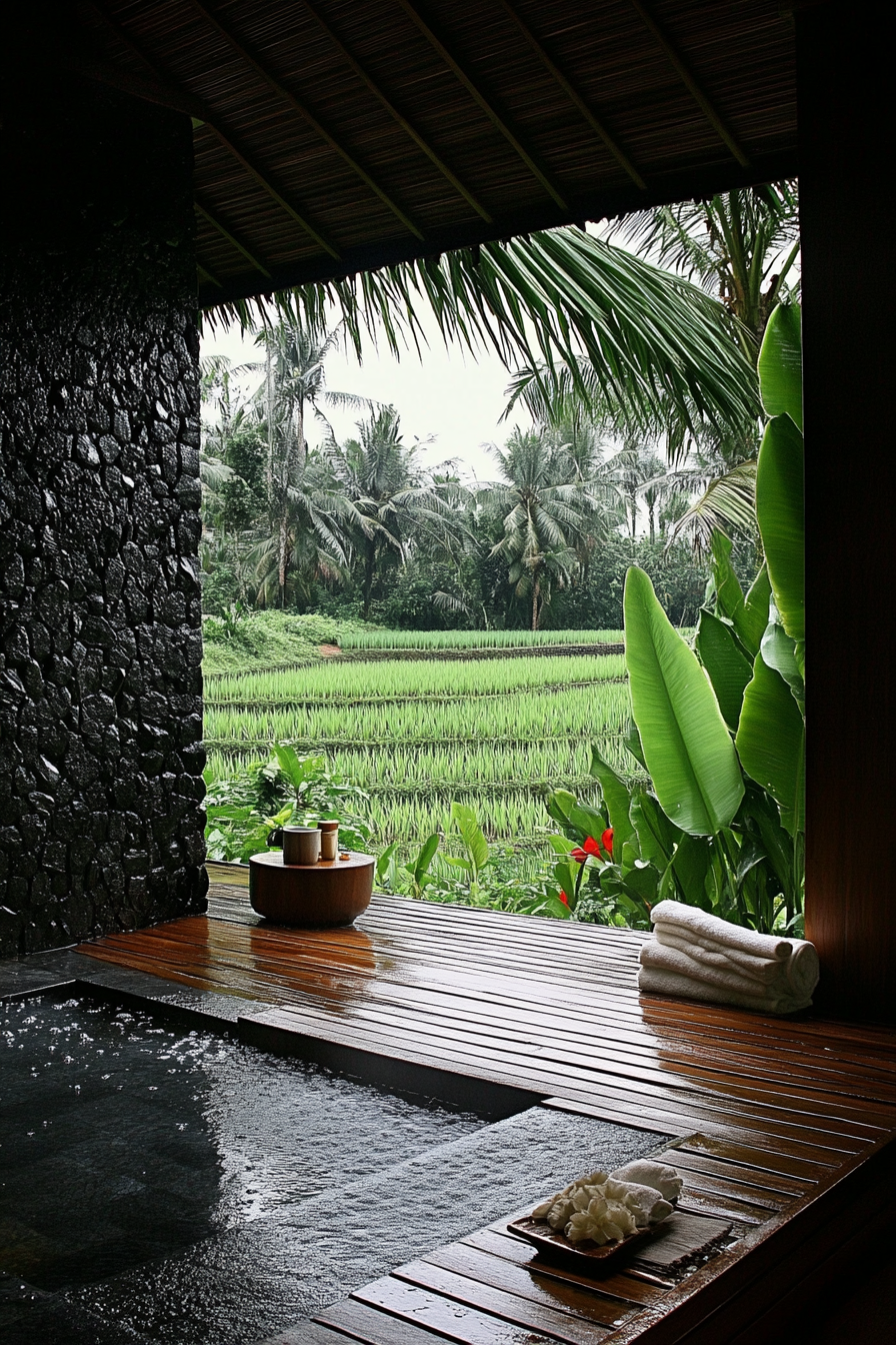 Tropical outdoor shower. Black lava stone walls, teak platform, and orchid wall with rice paddy view.