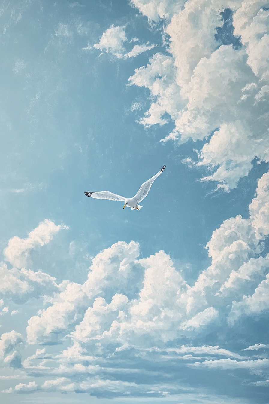 Baby room mural. Pastel blue sky with fluffy white clouds and a seagull soaring.