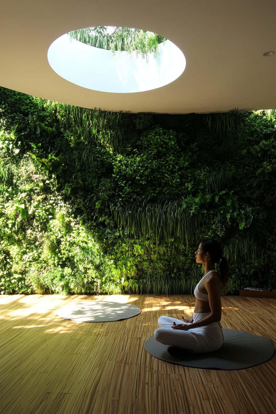 Yoga space. Bamboo floor with a calming green living wall under circular skylight.