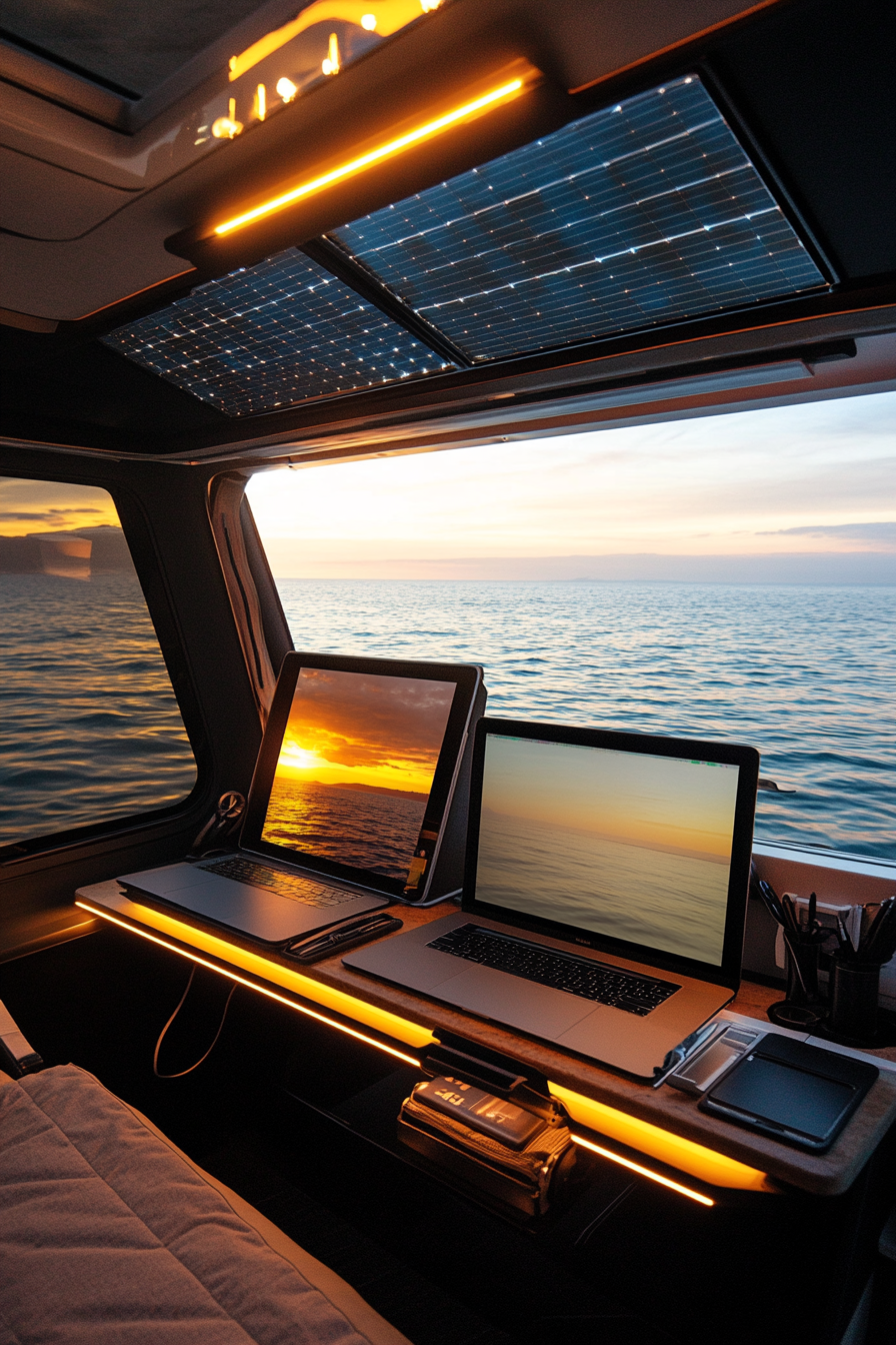 Mobile office. Convertible workstation with solar tech and ocean-view desk setup.