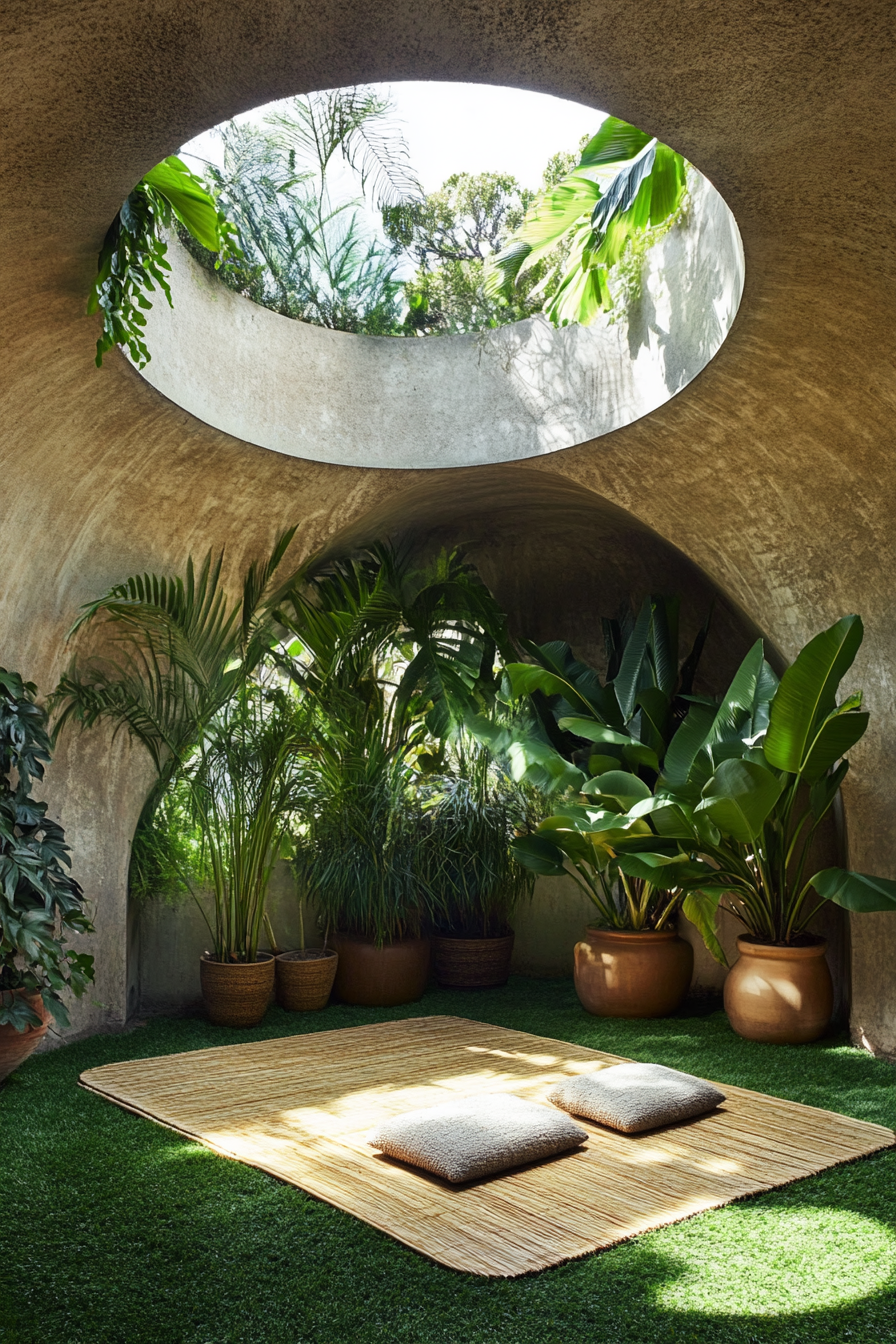 Yoga space. Bamboo mat on grass rug under circular skylight with potted ferns wall.