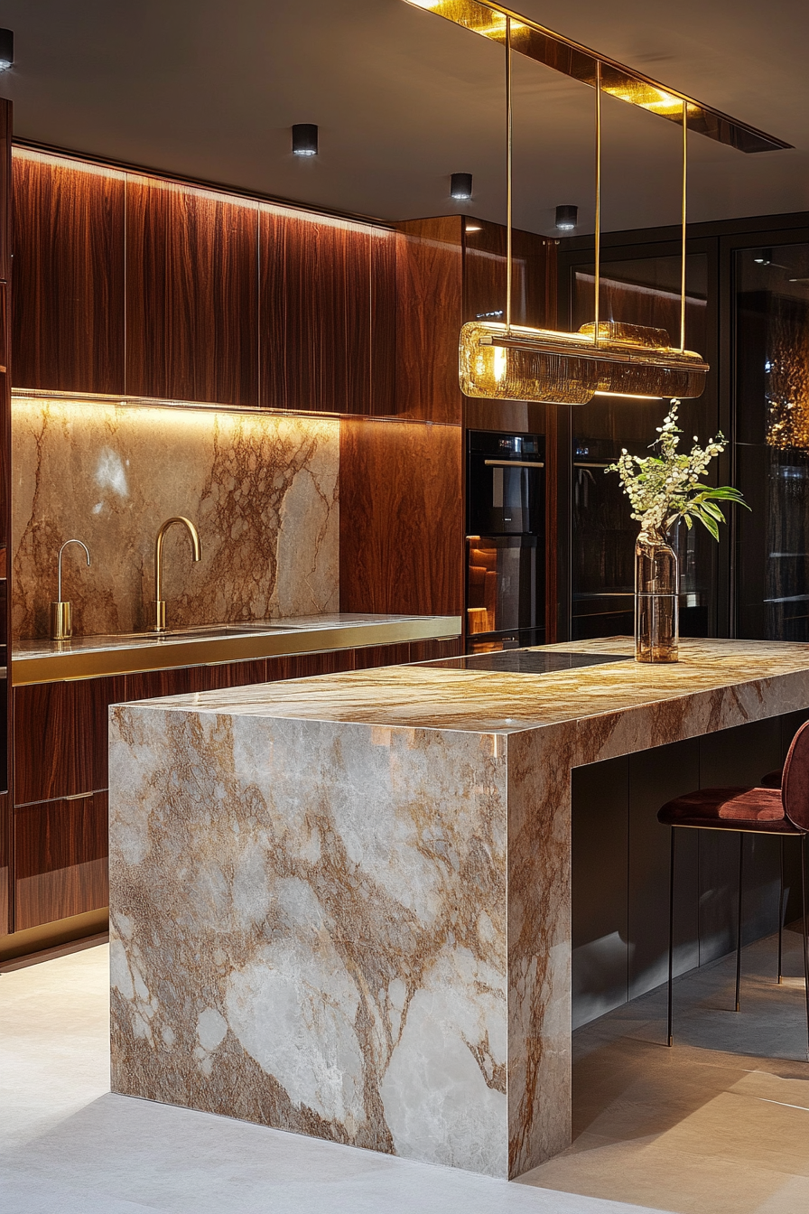 Premium Kitchen Design. Marble island with gold accents and mahogany cabinets.