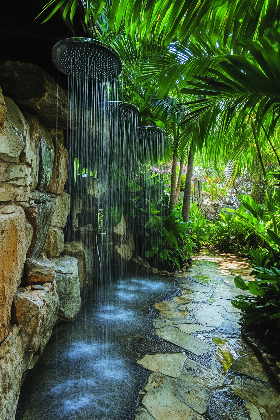 Outdoor shower. Natural rock formation with multiple cascading showerheads amidst lush tropical foliage.