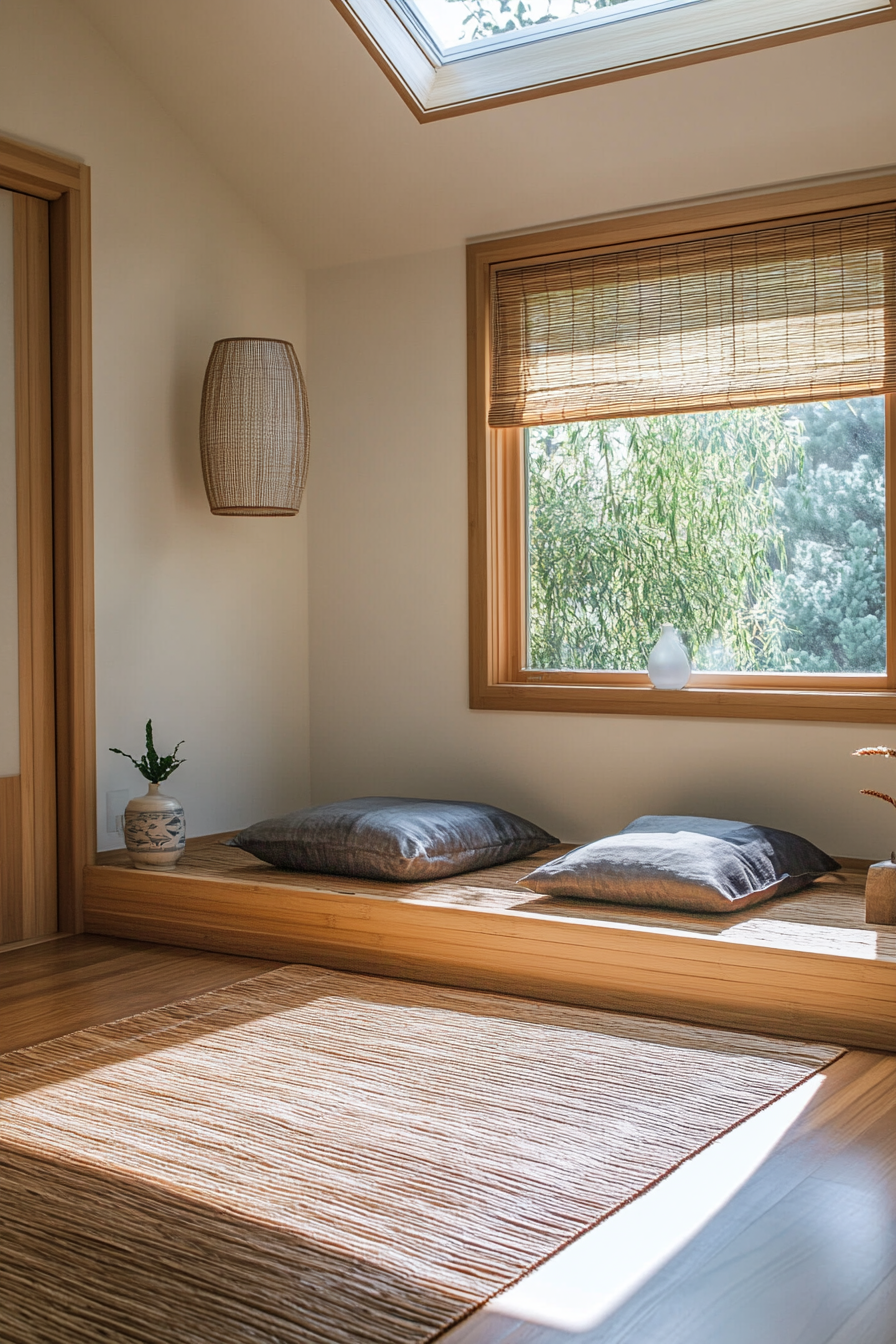 Compact meditation space. Under-skylight bamboo bench with built-in diffuser and floor cushion storage.